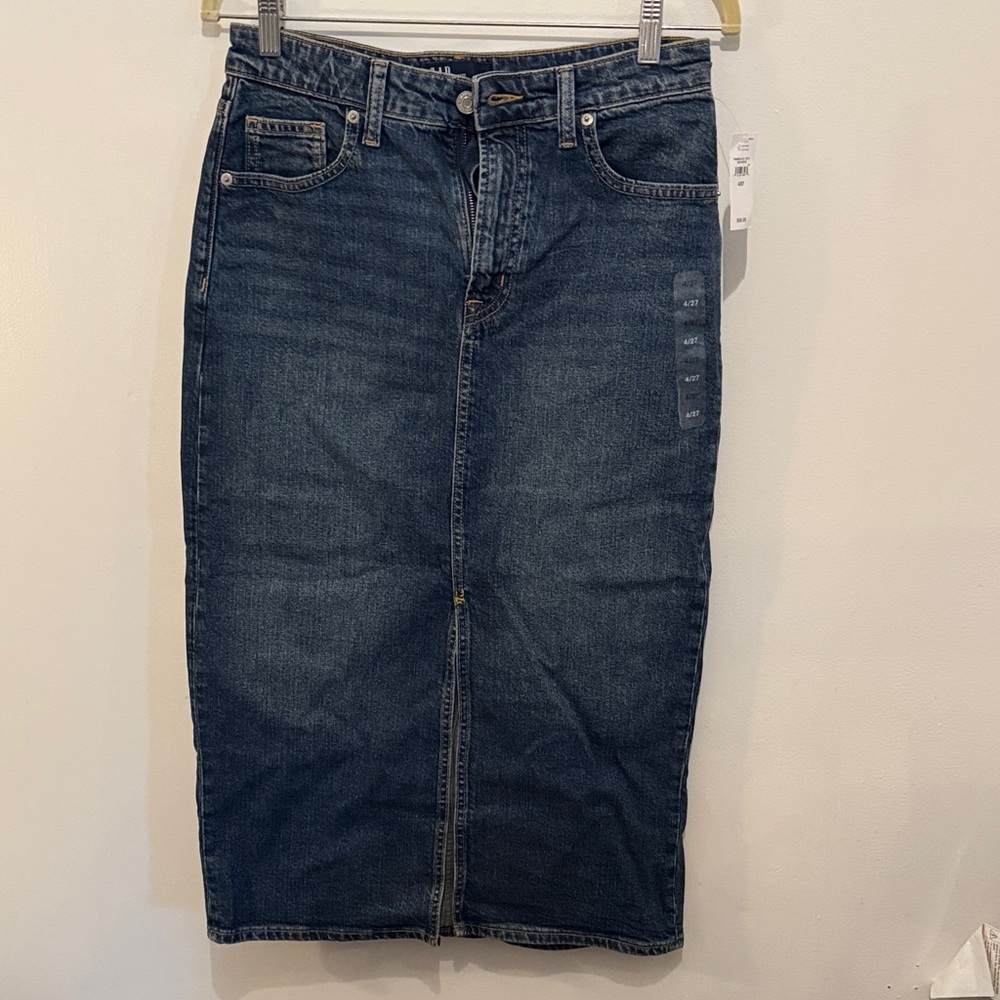 Denim Midi Pencil Skirt - Dark Blue